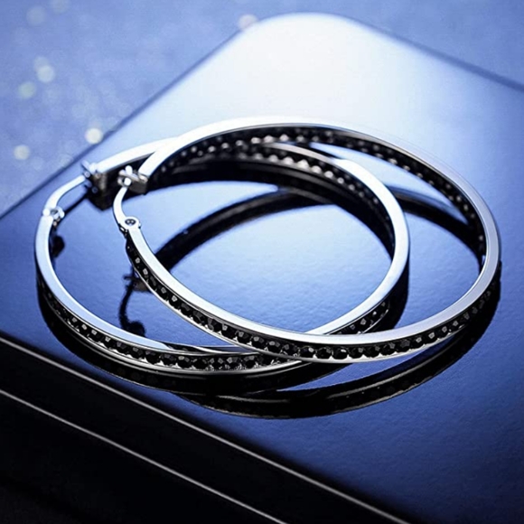 Big Black Rhinestone Silver Hoop Earrings Sparkle Hoops CZ Crystal Channel Loop - Picture 2 of 12